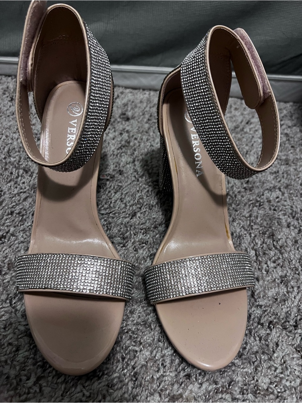 Versona Blush Nude Rhinestone Block Heel Sandals